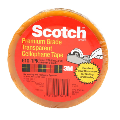 Scotch Premium Cellophane Tape 610 Clear, 3/4 in x 72 yd, 48 per