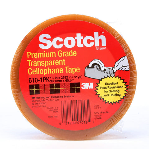 Scotch Premium Cellophane Tape 610 Clear, 1 1/2 in x 72 yd, 12 p
