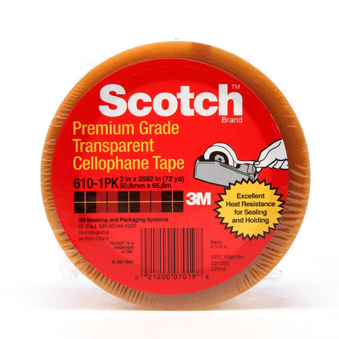 Scotch Premium Cellophane Tape 610 Clear, 2 in x 72 yd, 12 per b