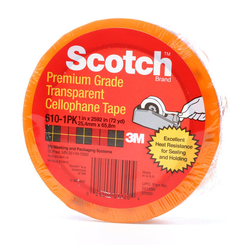 Scotch Premium Cellophane Tape 610 Clear, 1 in x 72 yd, 12 per b