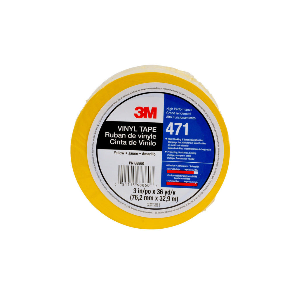 3M Vinyl Tape 471 Yellow, 1/2 in x 36 yd, 12 per box 6 boxes per