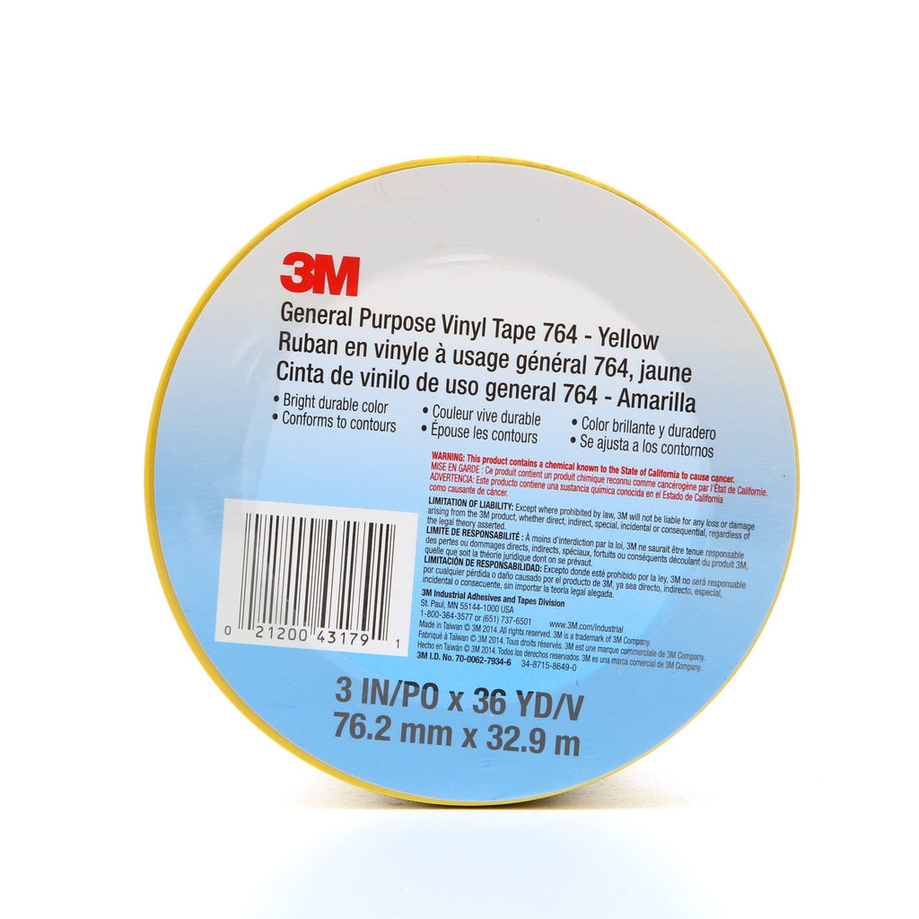 3M General Purpose Vinyl Tape 764 Yellow, 3 in x 36 yd 5.0 mil,